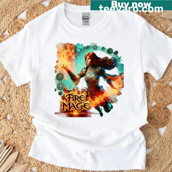 Fire mage casting a spell graphic on a T-shirt