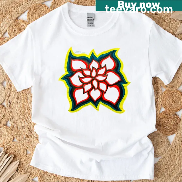 Illustrated floral design resembling fireworks on a T-shirt.