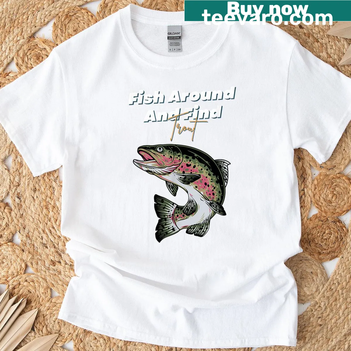 Funny fishing t-shirt with humorous saying about finding trout — on a men's t-shirt