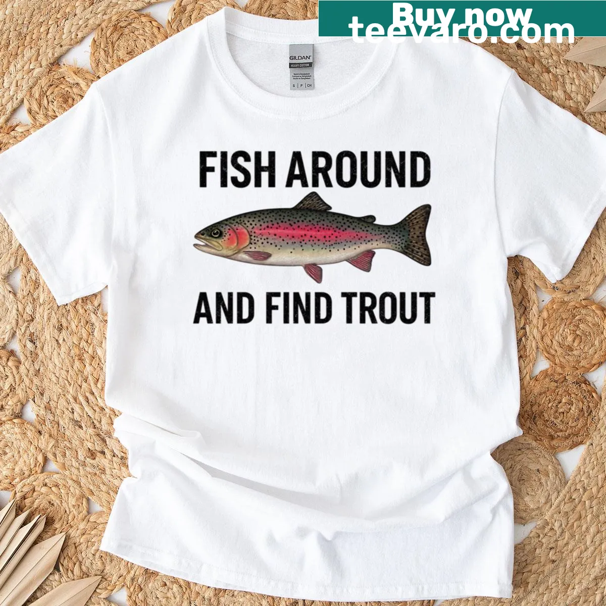 Funny fishing t-shirt with playful phrase about finding trout — on a men's t-shirt