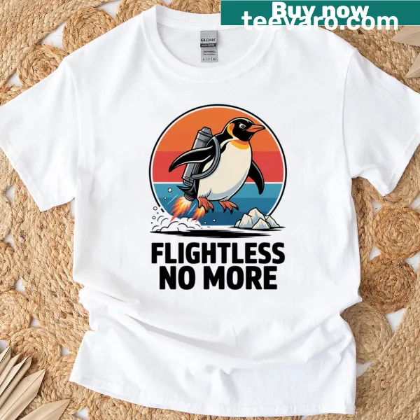 Funny T-shirt featuring a jetpack penguin illustration