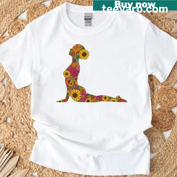 Yoga-themed t-shirt featuring Cobra Pose and floral 70s design