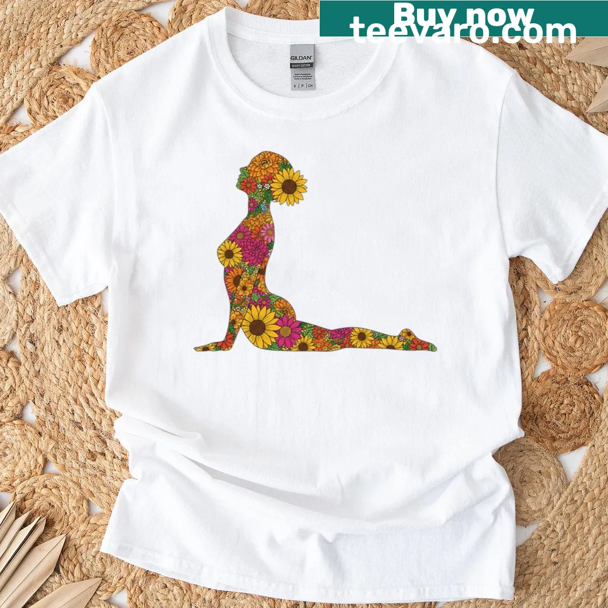 Yoga-themed t-shirt featuring Cobra Pose and floral 70s design — on a men's t-shirt