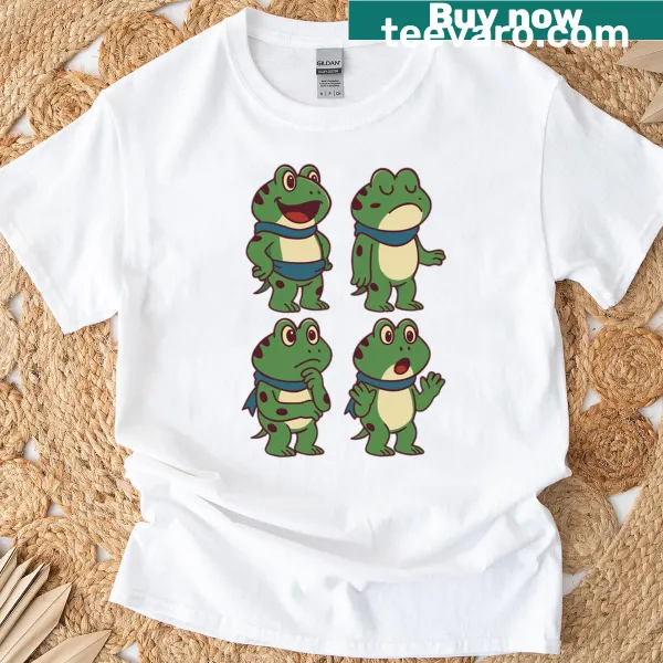 Vintage-style T-shirt with cartoon frogs expressing various emotions