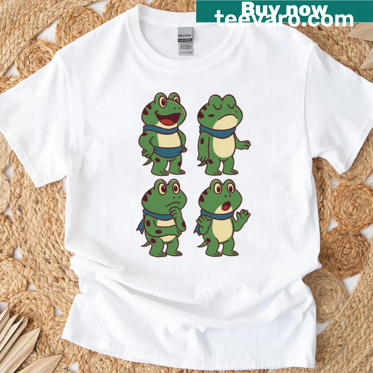 Vintage-style T-shirt with cartoon frogs expressing various emotions — on a men's t-shirt