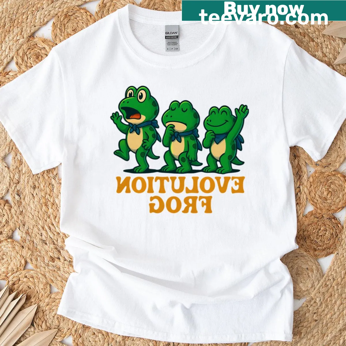 Retro-style T-shirt with humorous frog evolution graphic — on a men's t-shirt