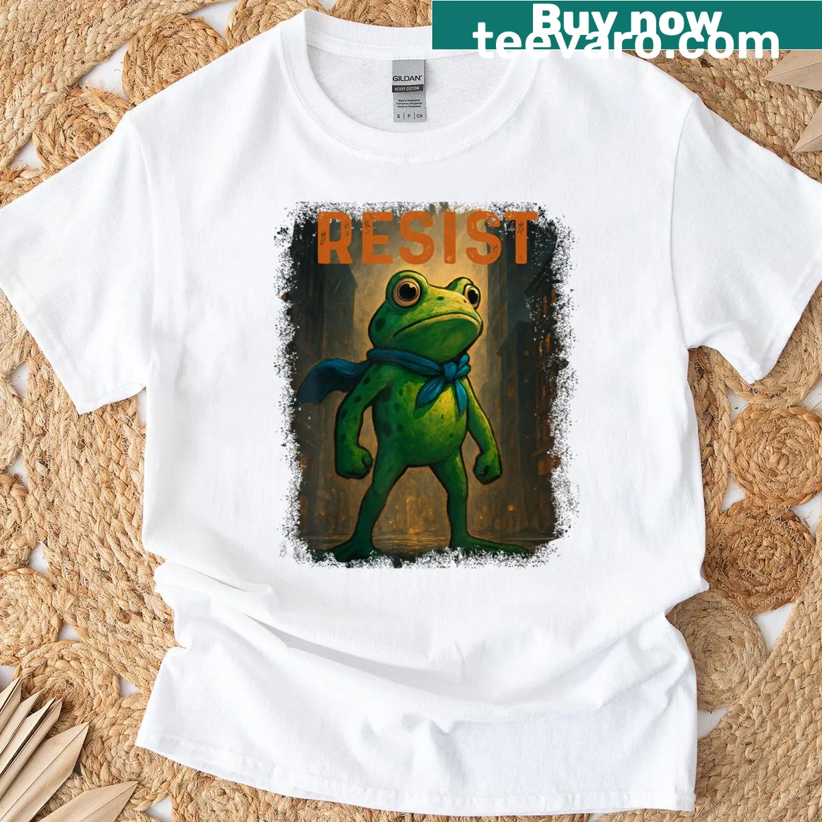 Retro frog graphic promoting activism — on a men's t-shirt