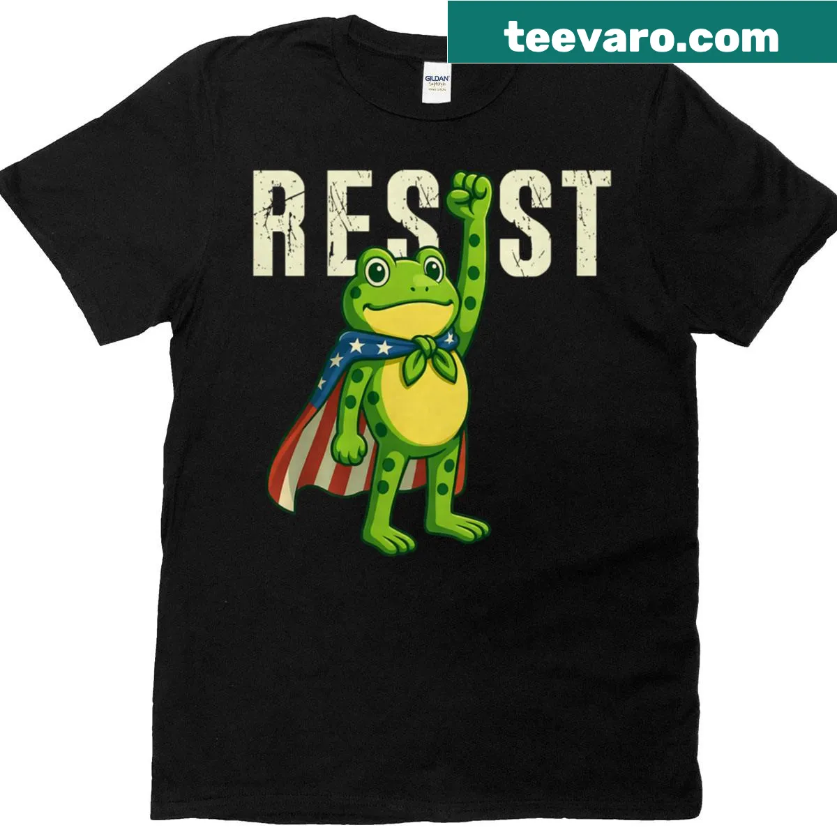Frog protest t-shirt featuring a cartoon frog and activist text — on a men's t-shirt