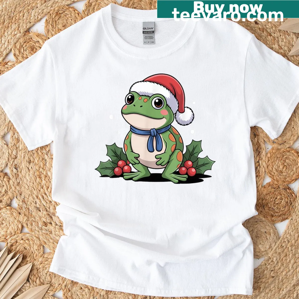 Christmas-themed T-shirt featuring frogs and an anti-fascism message. — on a men's t-shirt
