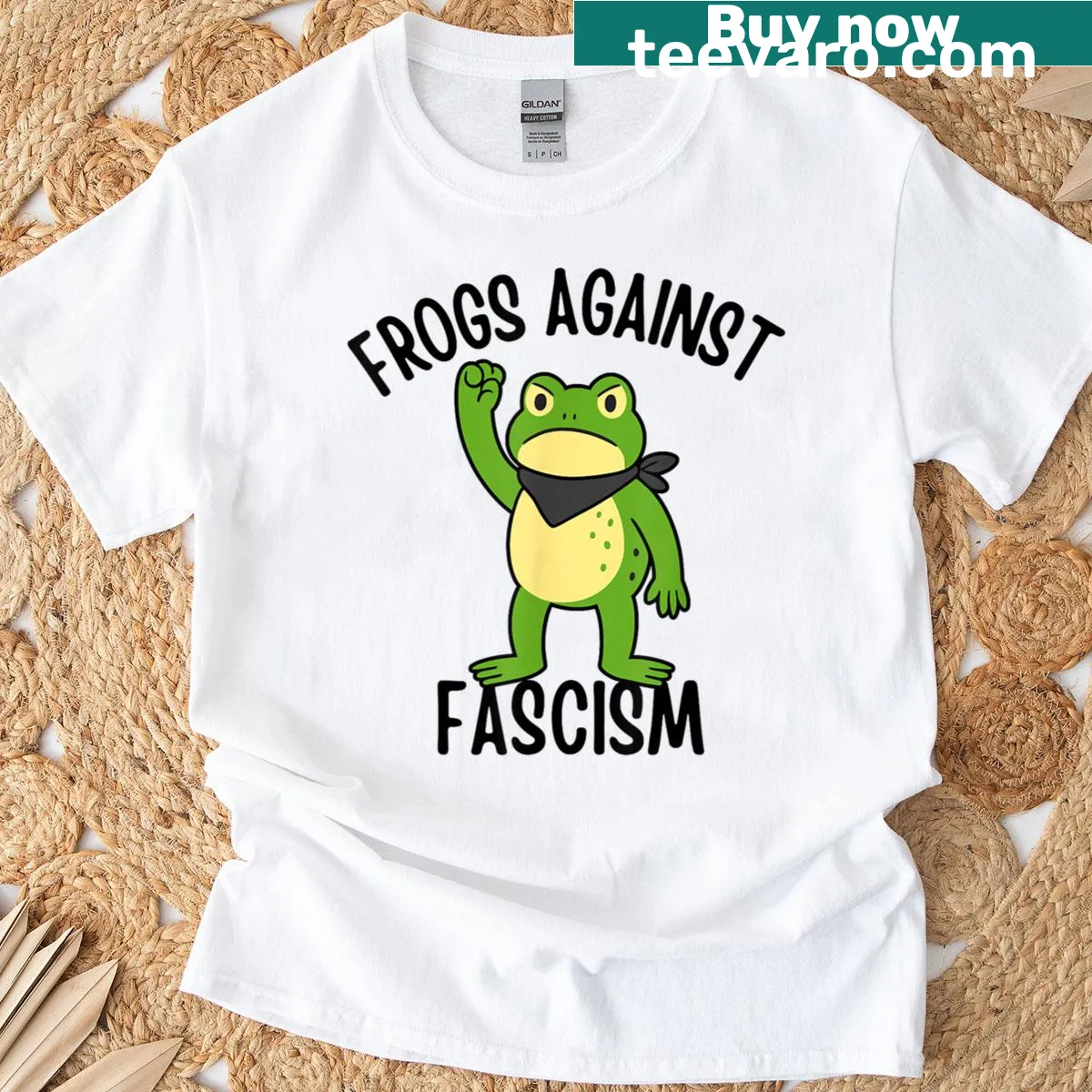 Humorous protest-themed t-shirt featuring frogs — on a men's t-shirt