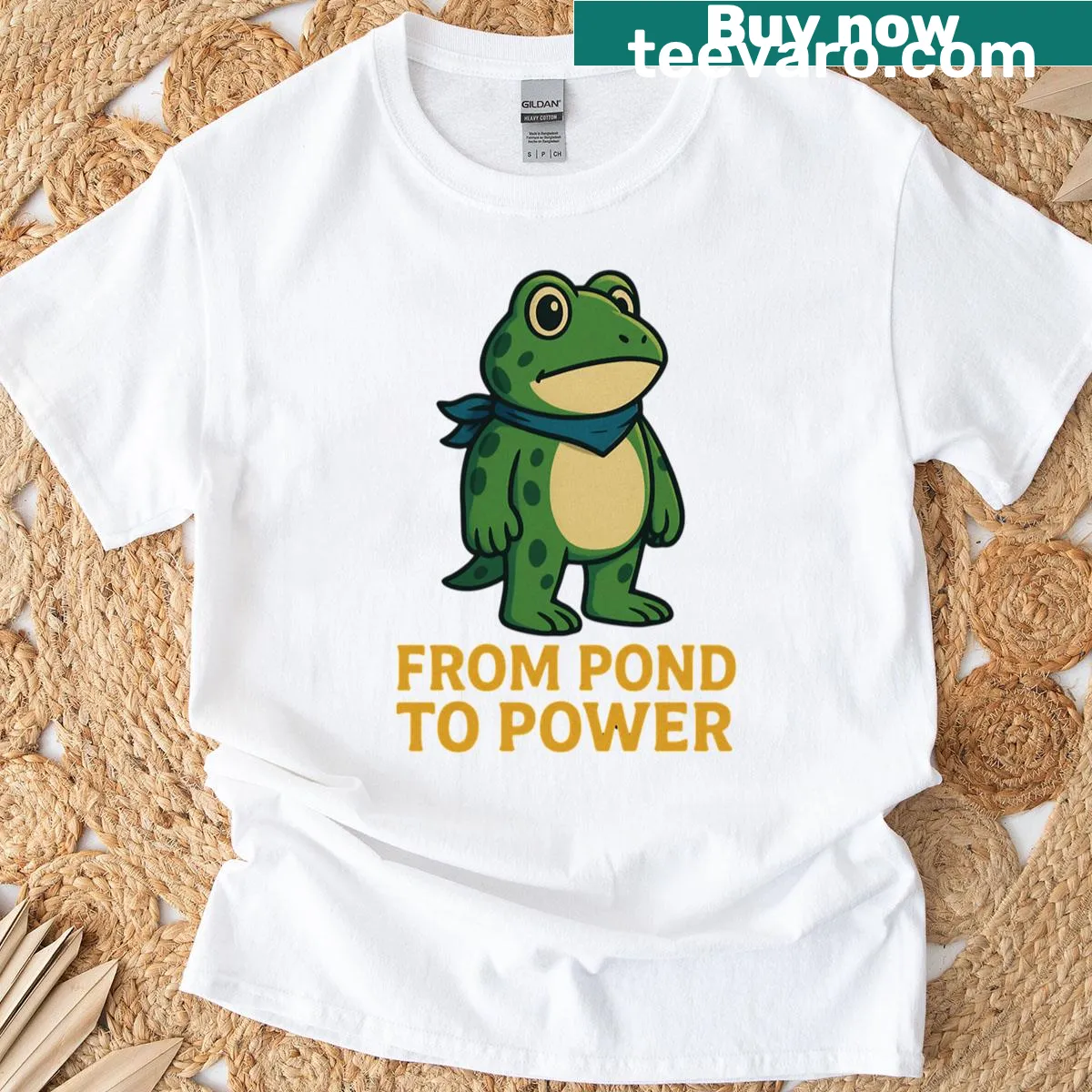 Vintage design of a frog illustrating growth from pond to power on a T-shirt — on a men's t-shirt