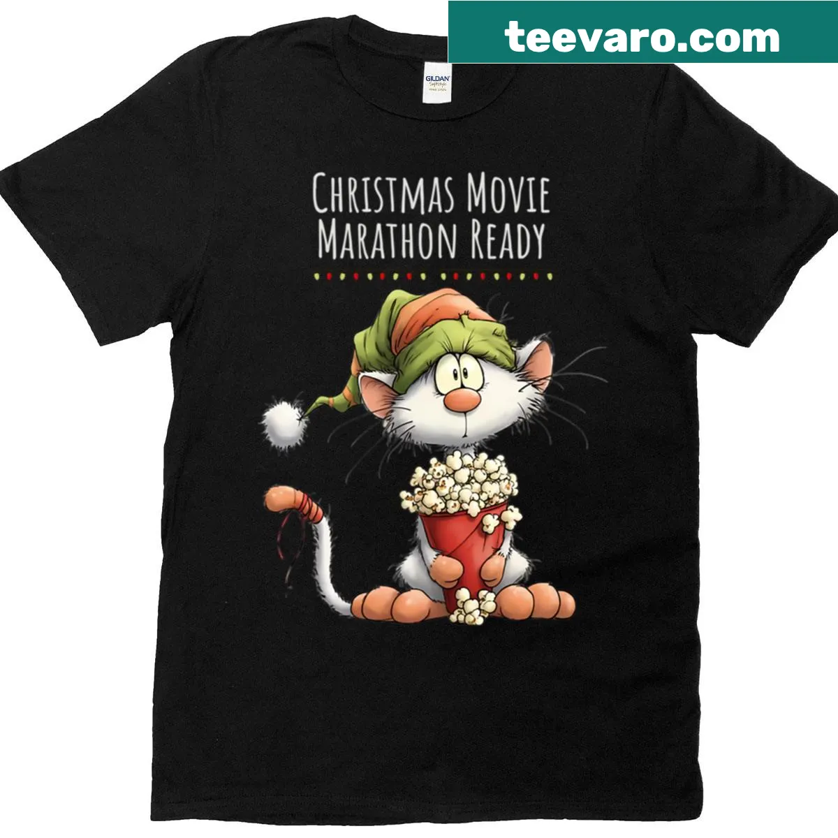 Whimsical Christmas cat movie design with a cat and popcorn. — on a men's t-shirt