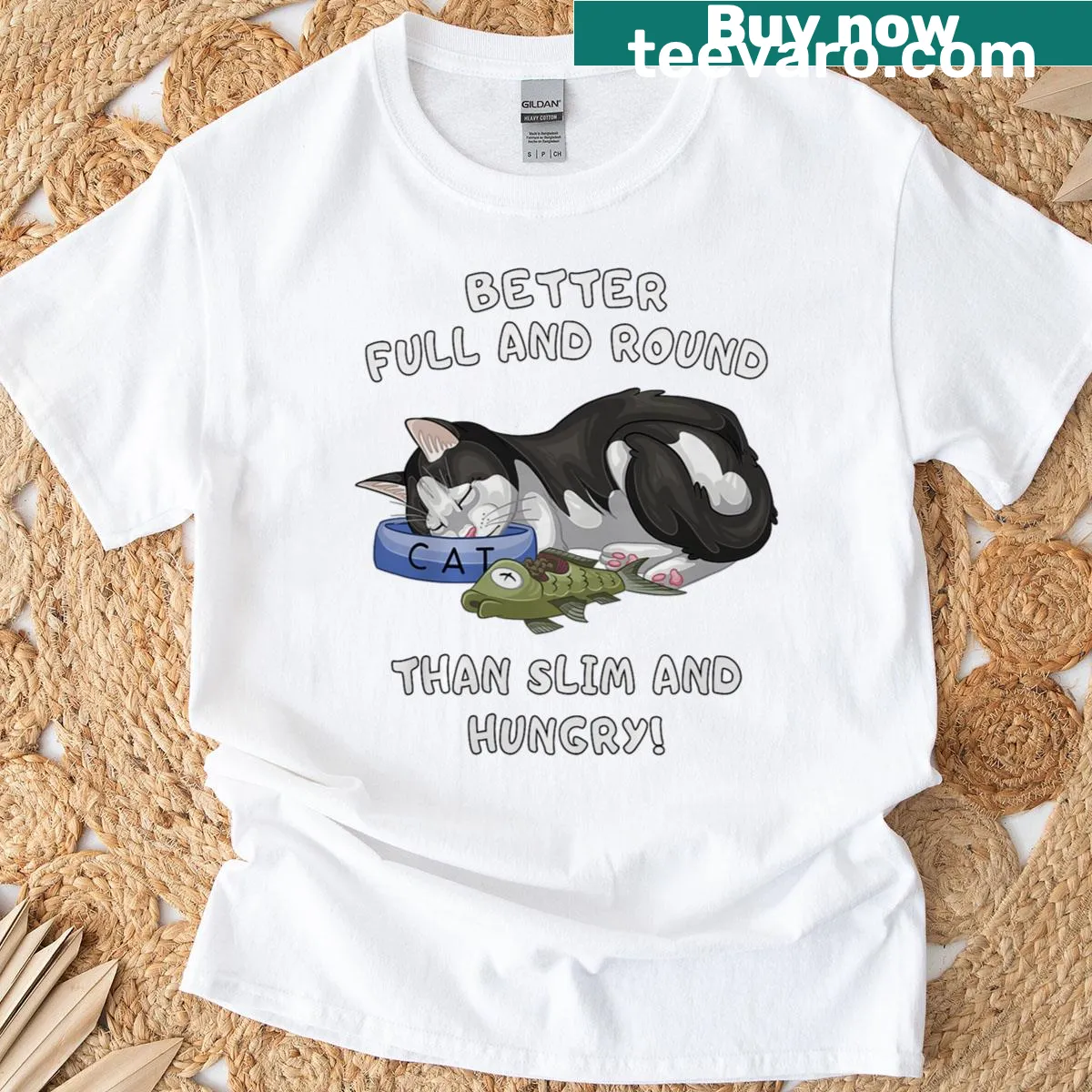 Illustrated chubby cat sleeping on a funny t-shirt — on a men's t-shirt