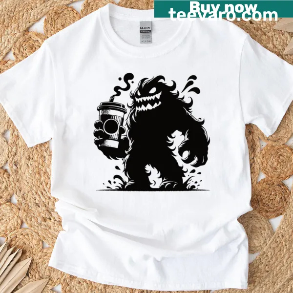 Comic design of a coffee monster on a T-shirt.
