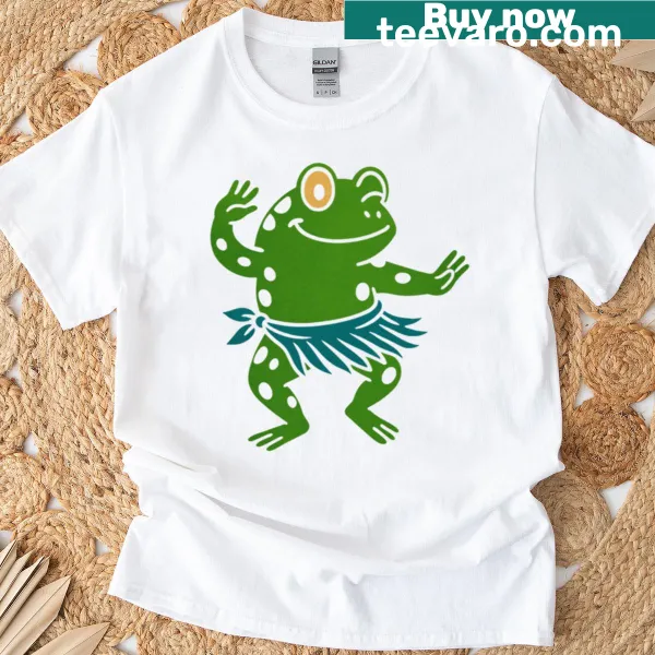 Vintage-style T-shirt featuring a dancing frog in a hula skirt