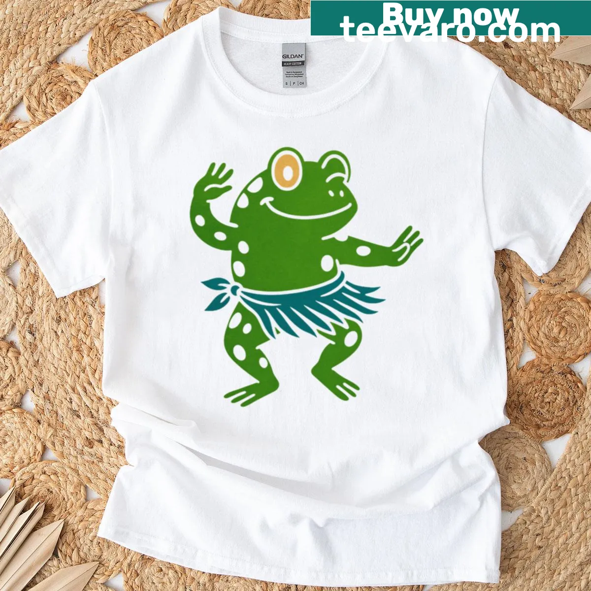 Vintage-style T-shirt featuring a dancing frog in a hula skirt — on a men's t-shirt