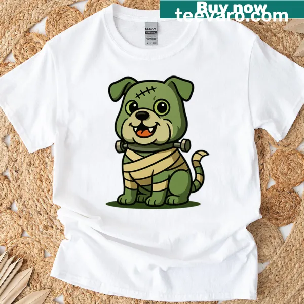 Cartoon t-shirt featuring a funny dog as Frankenstein