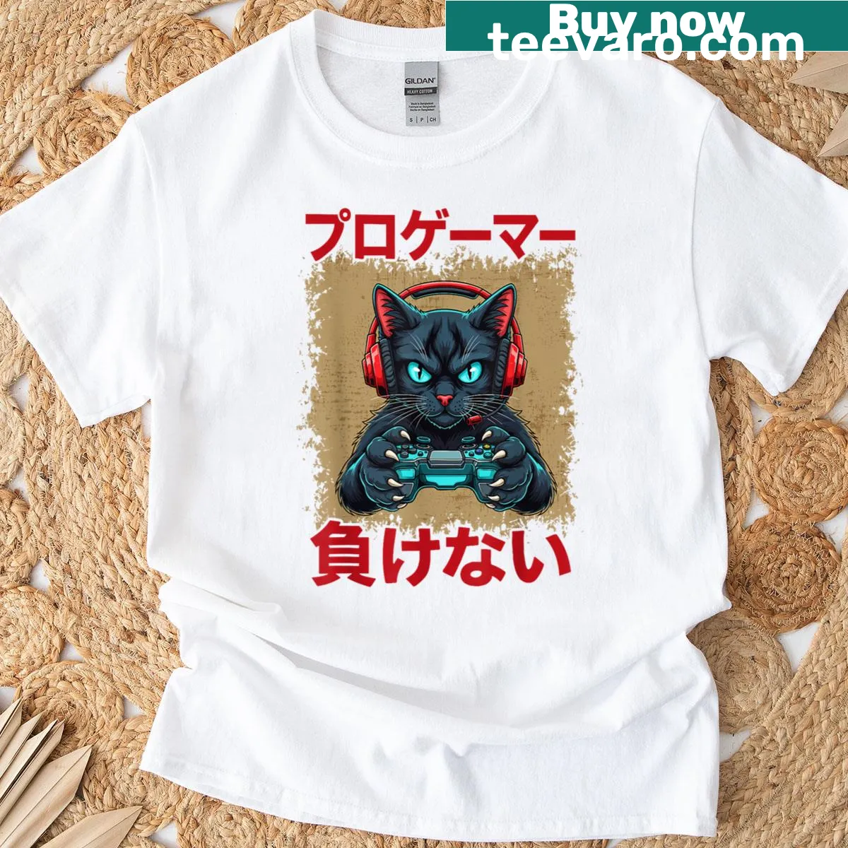 Retro-style T-shirt featuring a cat engaged in gaming — on a men's t-shirt