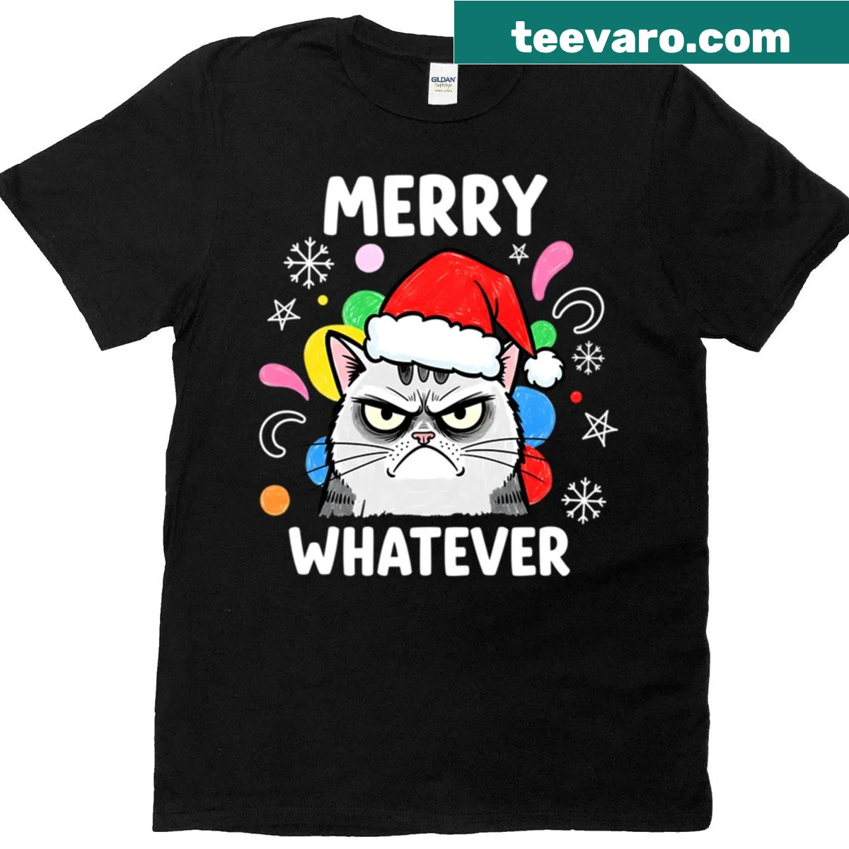 Grumpy Christmas cat t-shirt with white text 'Merry Whatever' — on a men's t-shirt