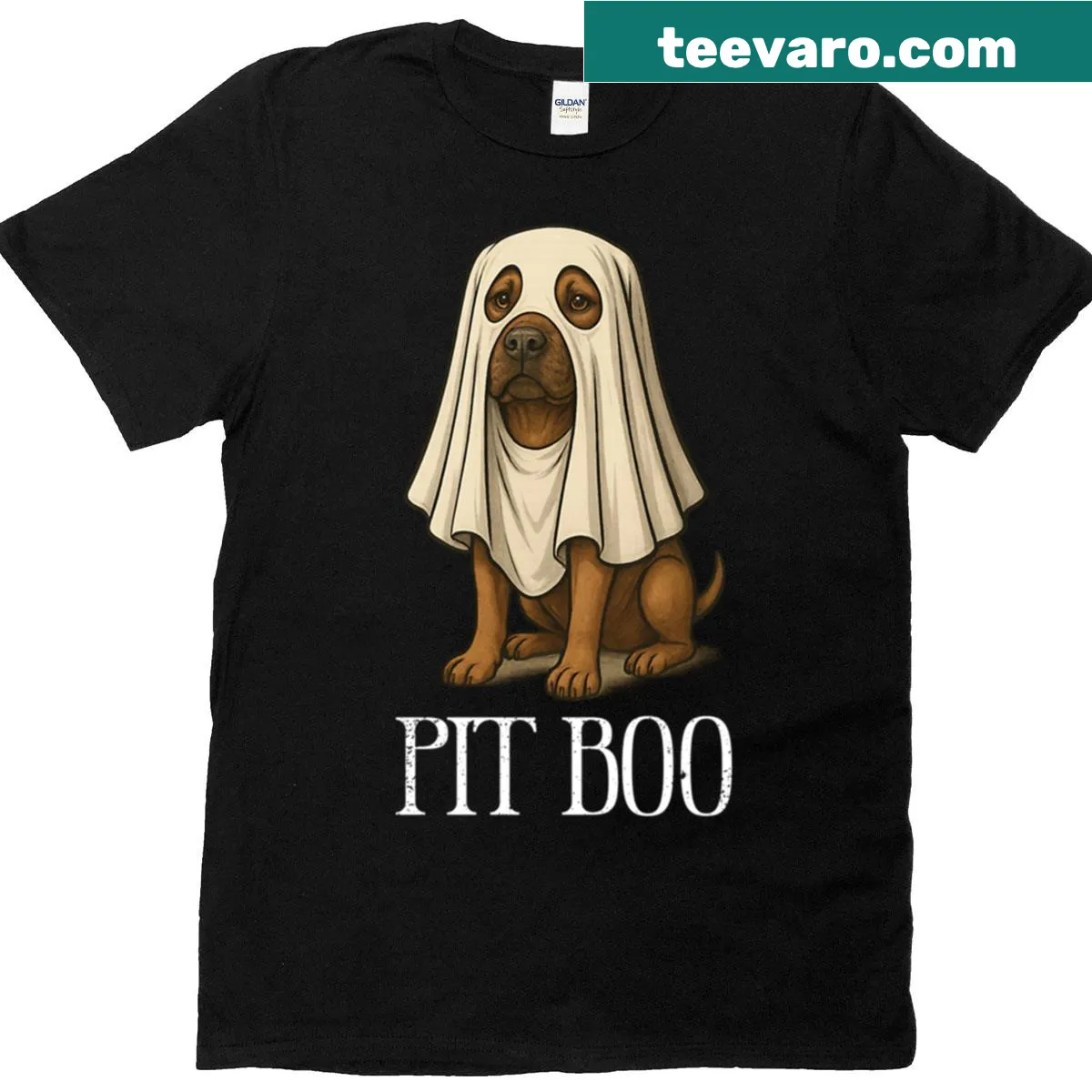 Fun Halloween text 'Pit Boo' with a pit bull theme t-shirt — on a men's t-shirt