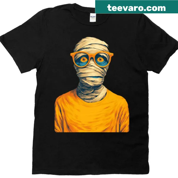 Hipster mummy with glasses cartoon graphic on Halloween t-shirt