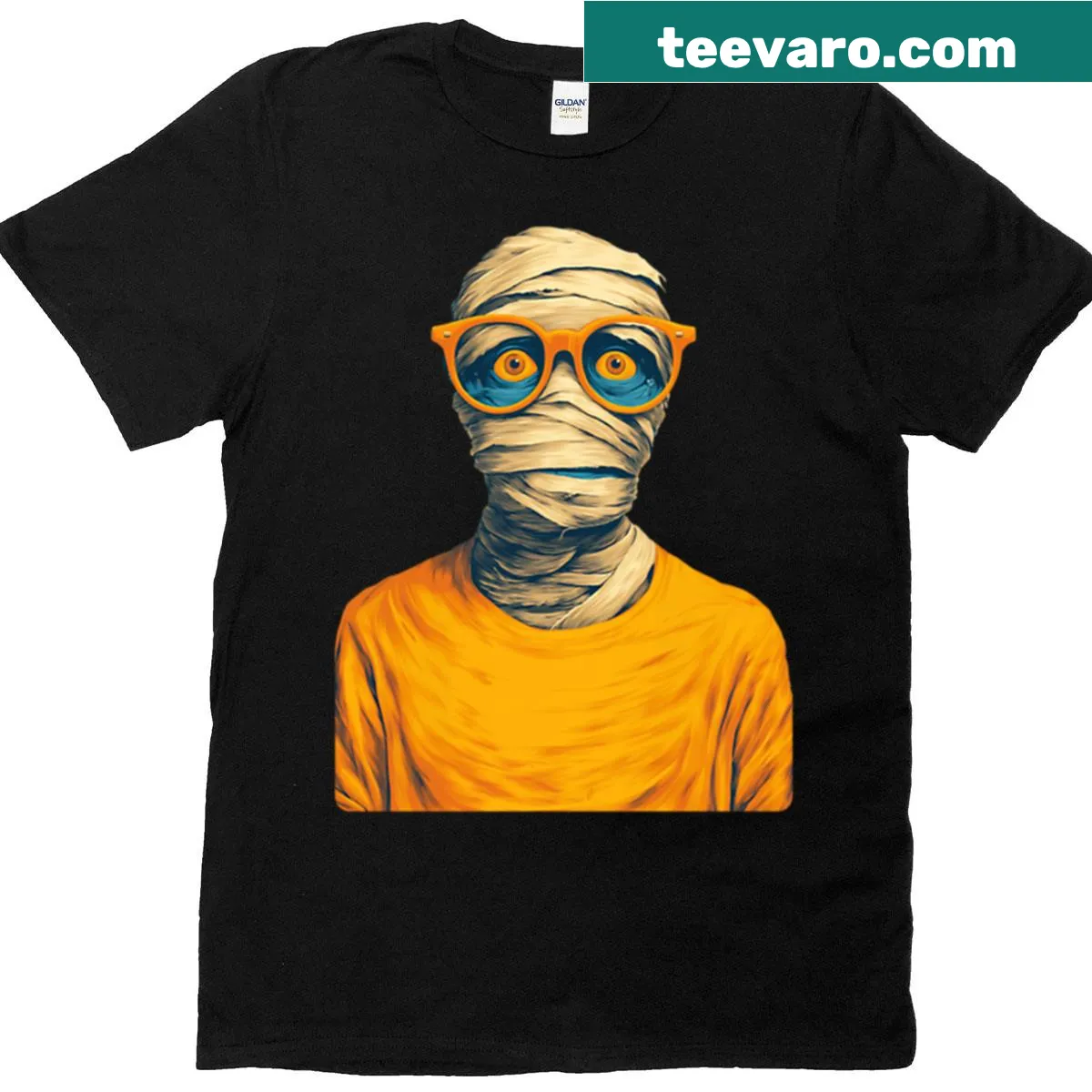 Hipster mummy with glasses cartoon graphic on Halloween t-shirt — on a men's t-shirt