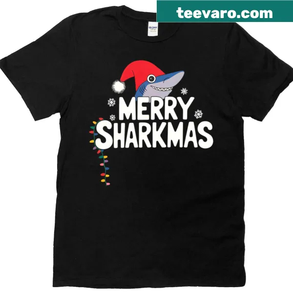 Humorous Christmas T-shirt featuring a shark dressed as Santa
