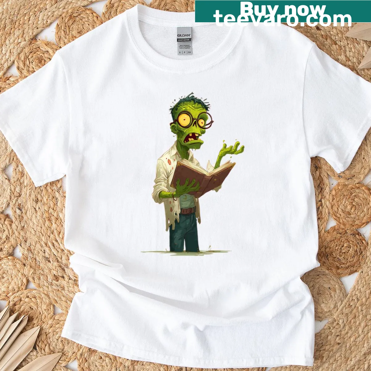 Nerdy zombie reading a book graphic on T-shirt — on a men's t-shirt