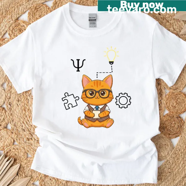 Illustrated t-shirt featuring a kitten in a psychologist outfit with glasses