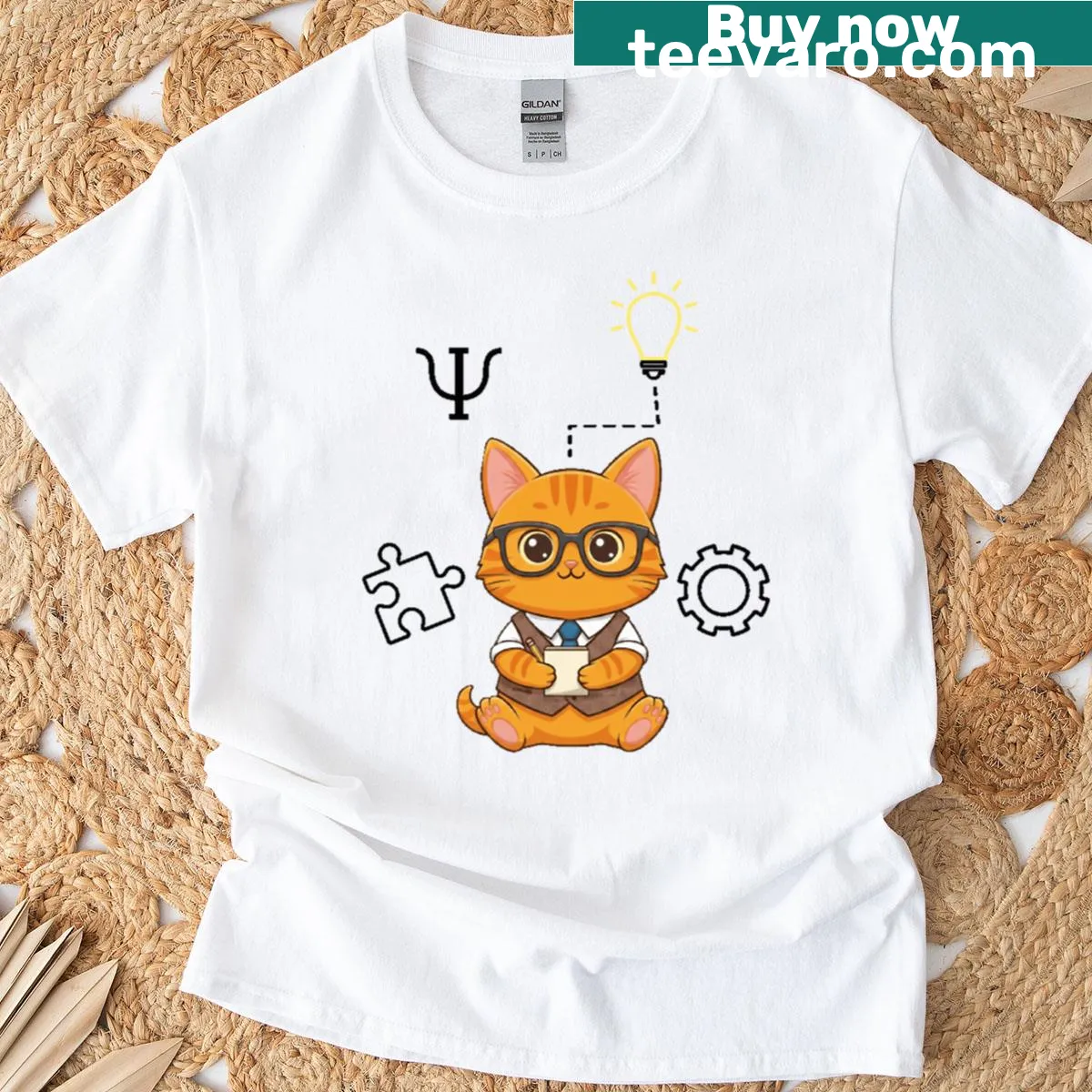 Illustrated t-shirt featuring a kitten in a psychologist outfit with glasses — on a men's t-shirt