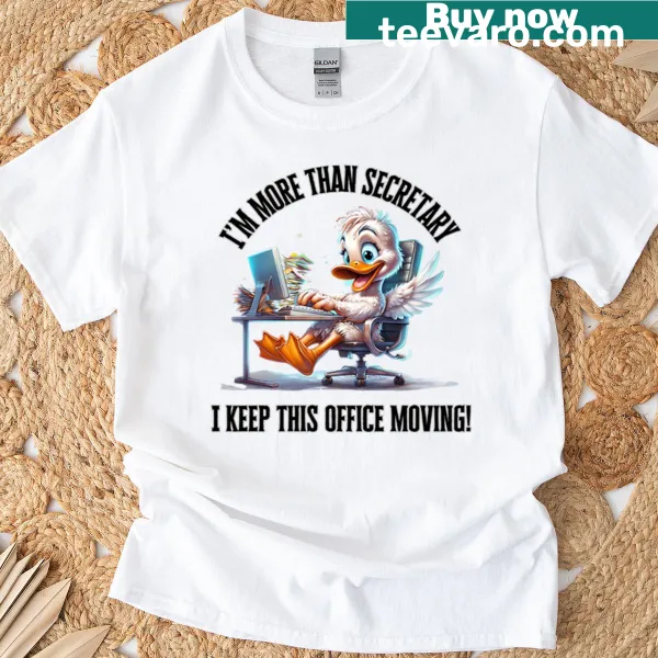 Illustrative duck with text about secretarial work on T-shirt