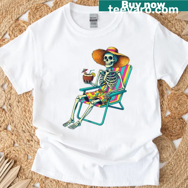 Illustrated skeleton enjoying a tropical beach vacation on a t-shirt