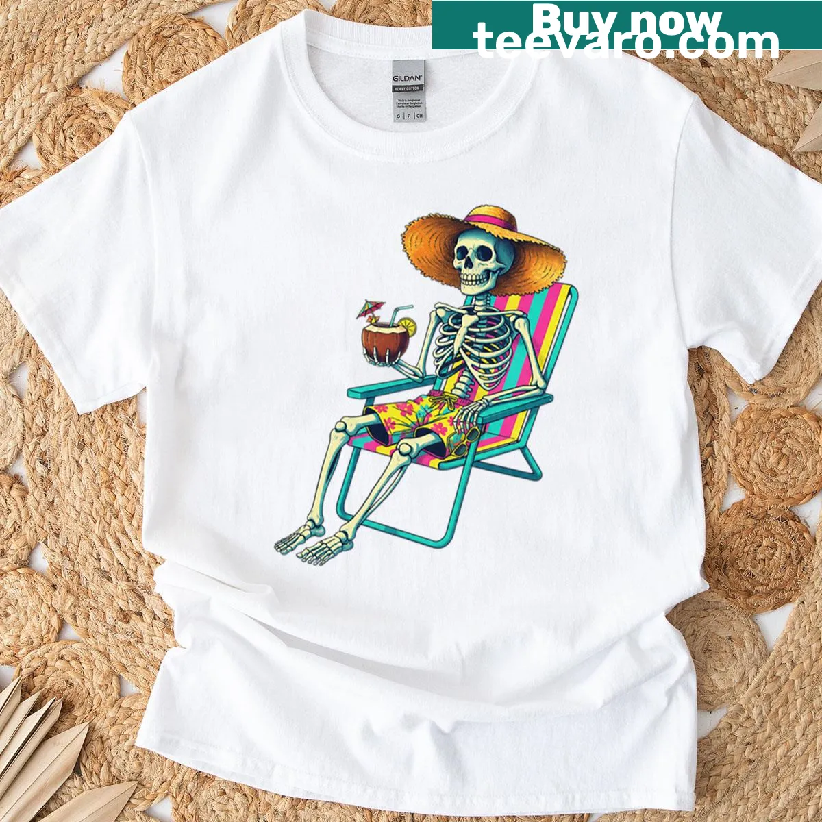 Illustrated skeleton enjoying a tropical beach vacation on a t-shirt — on a men's t-shirt
