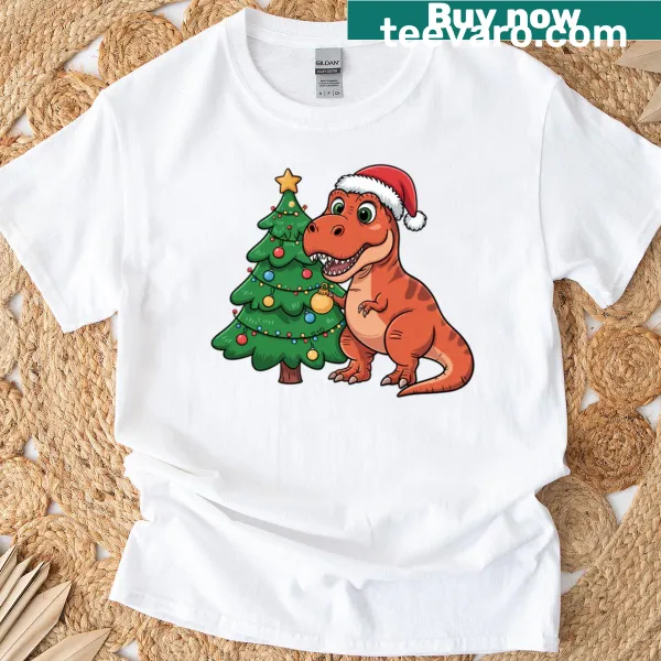 T-rex dinosaur in Santa hat with Christmas tree illustration on t-shirt