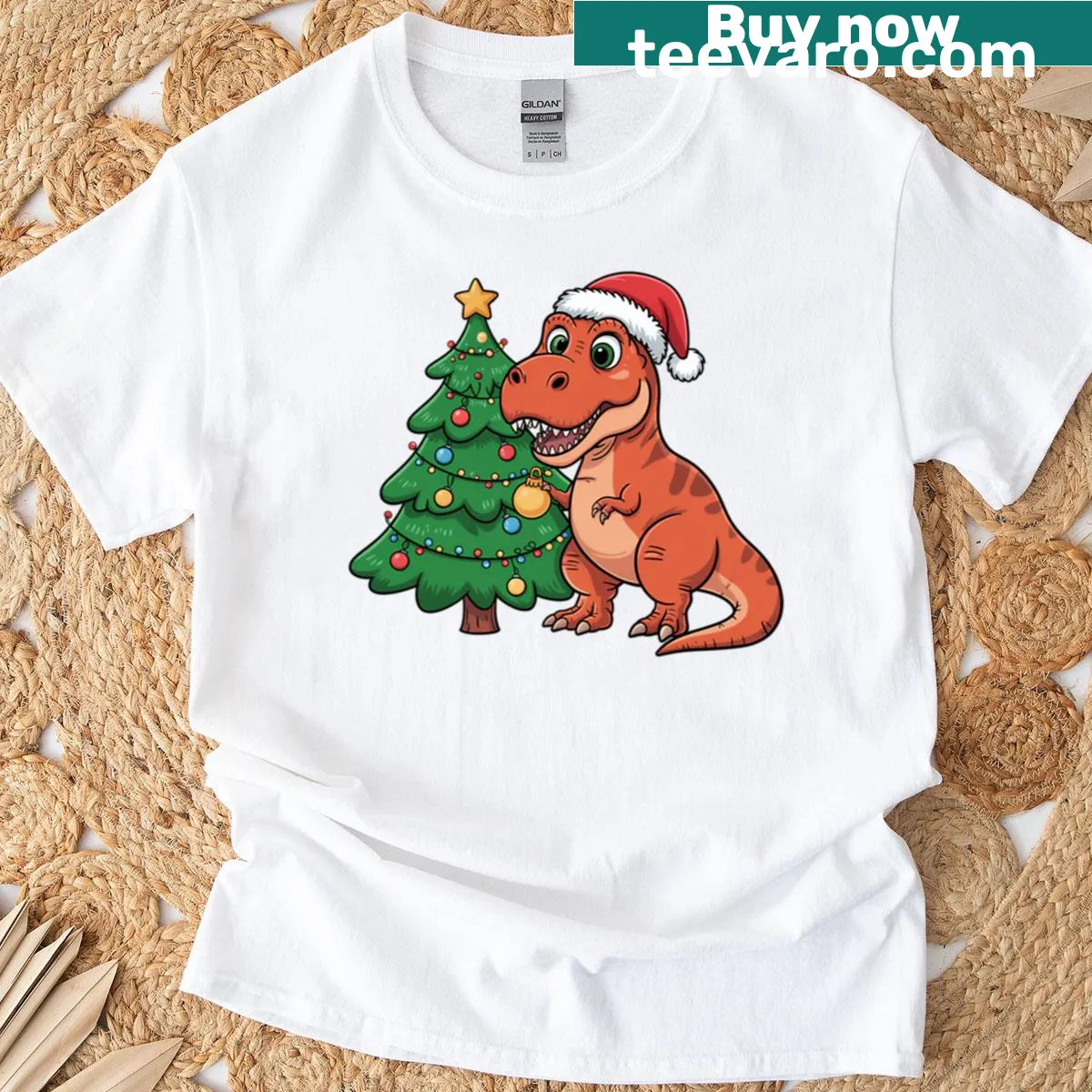 T-rex dinosaur in Santa hat with Christmas tree illustration on t-shirt — on a men's t-shirt