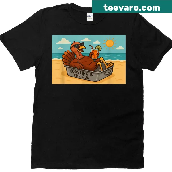 Funny Thanksgiving t-shirt with a turkey roasting at the beach