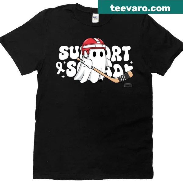 Cute ghost hockey player t-shirt with stick and puck graphic