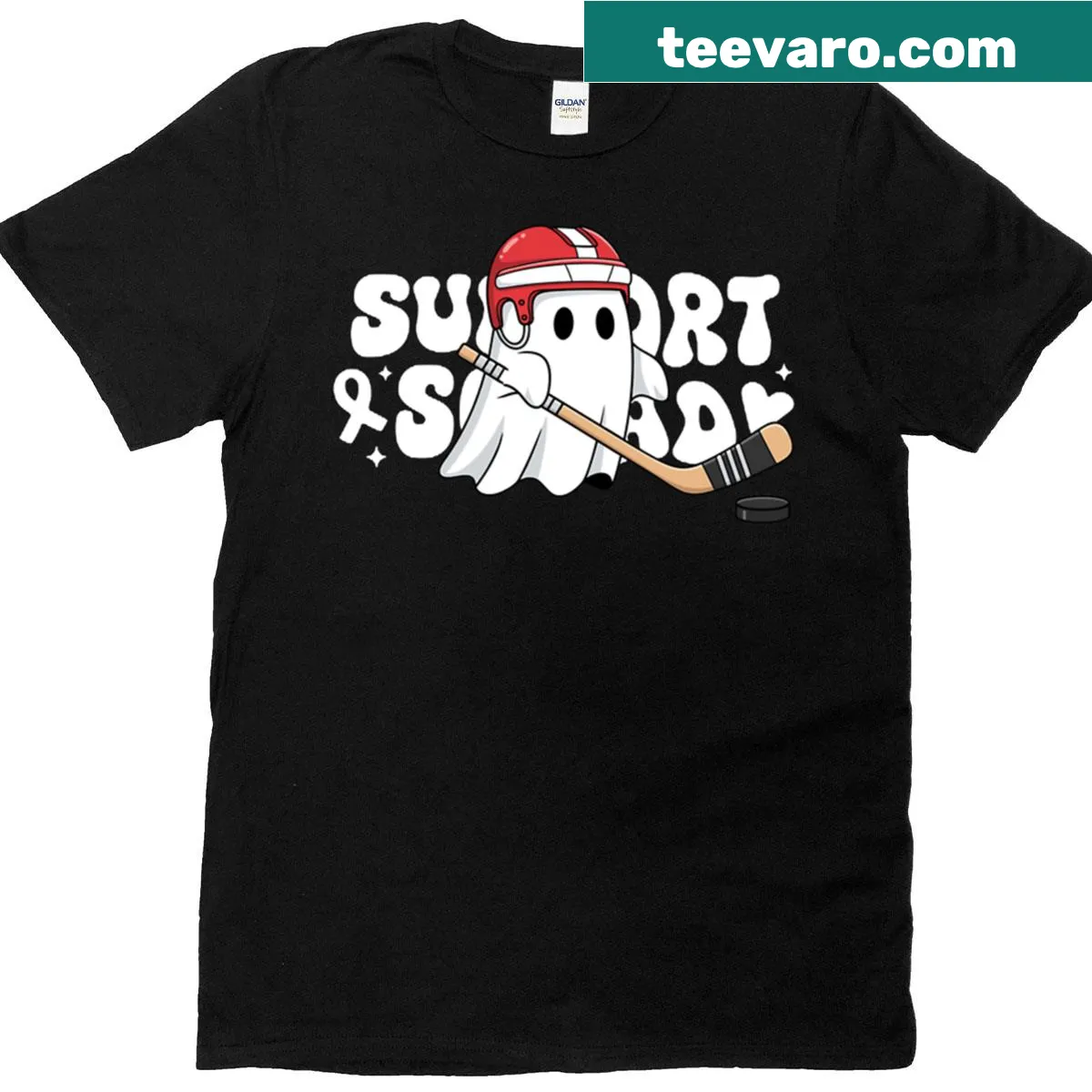Cute ghost hockey player t-shirt with stick and puck graphic — on a men's t-shirt