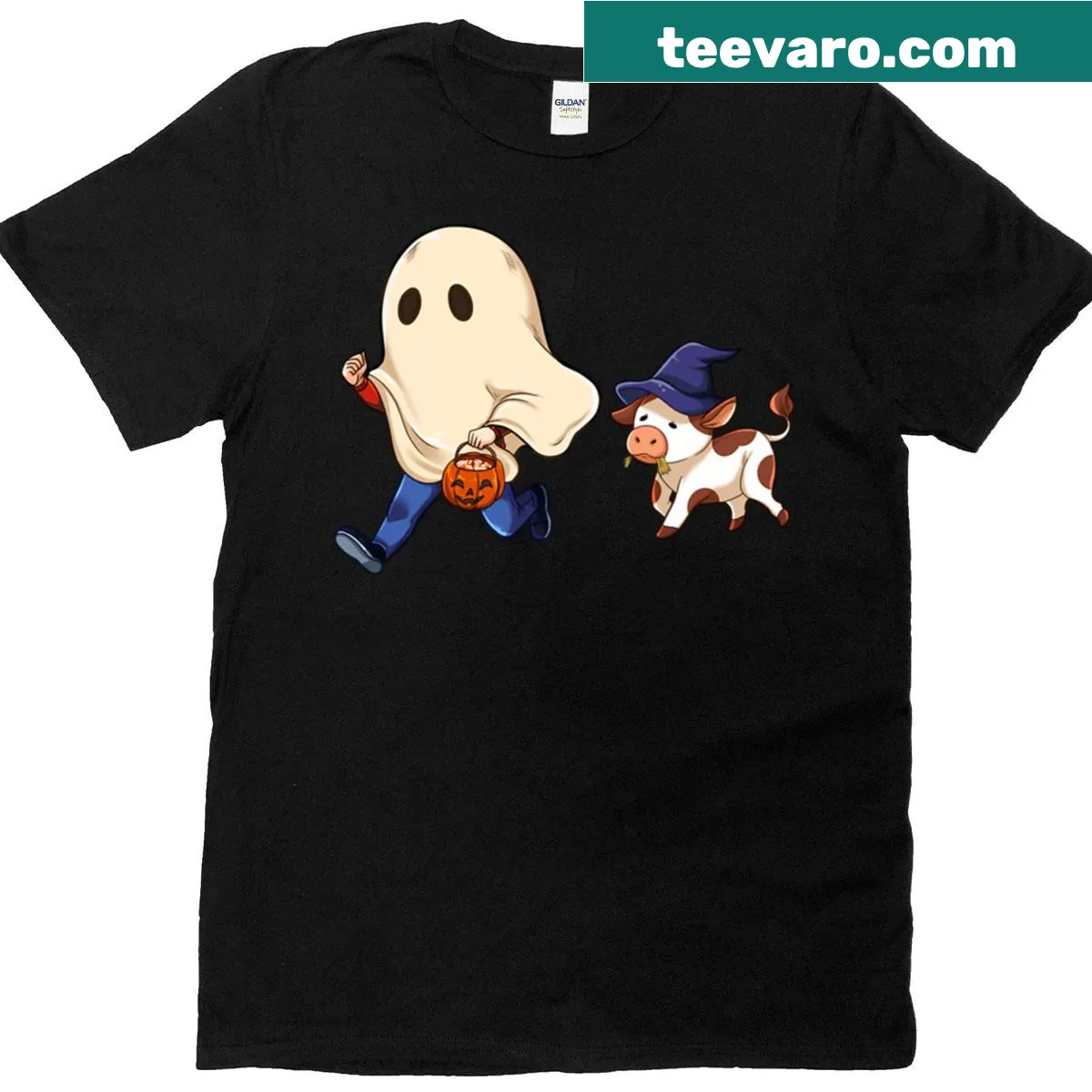 Cute ghost and witch cow illustration on a Halloween T-shirt — on a men's t-shirt