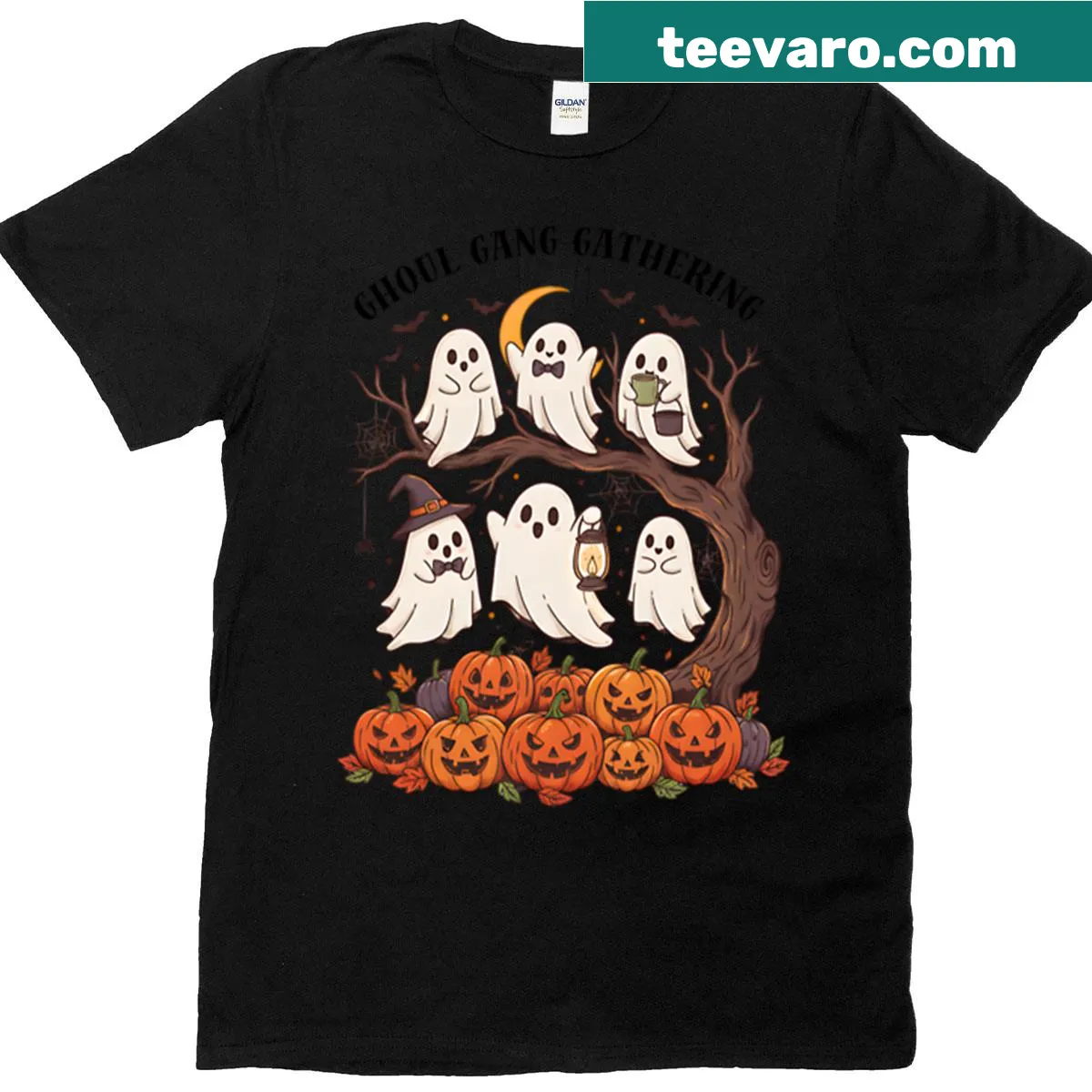 Oversized t-shirt featuring cute ghoul gang Halloween design — on a men's t-shirt