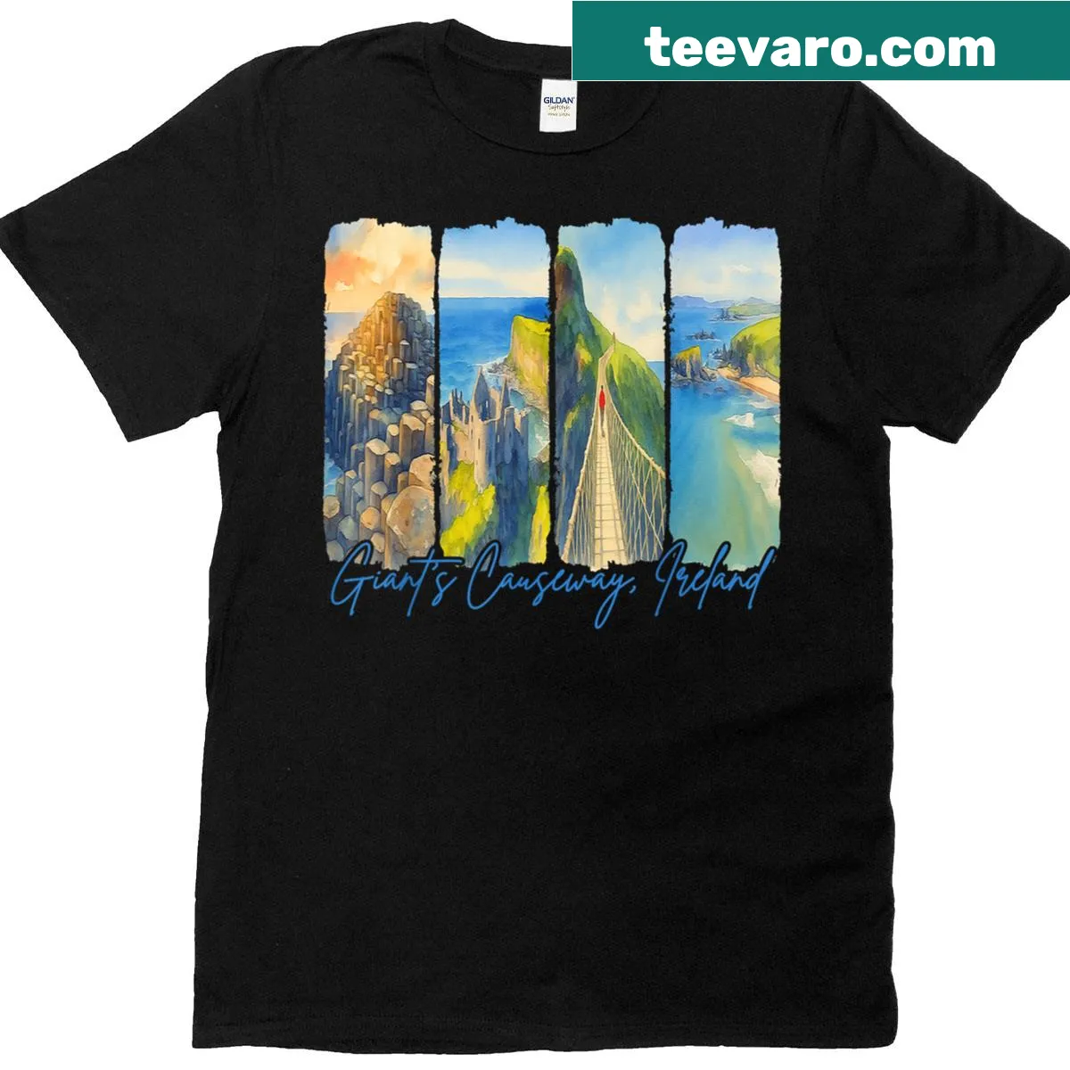 Artistic brushstroke design inspired by Giants Causeway for travel lovers — on a men's t-shirt