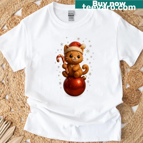 Cute gingerbread cat illustration on a Christmas T-shirt