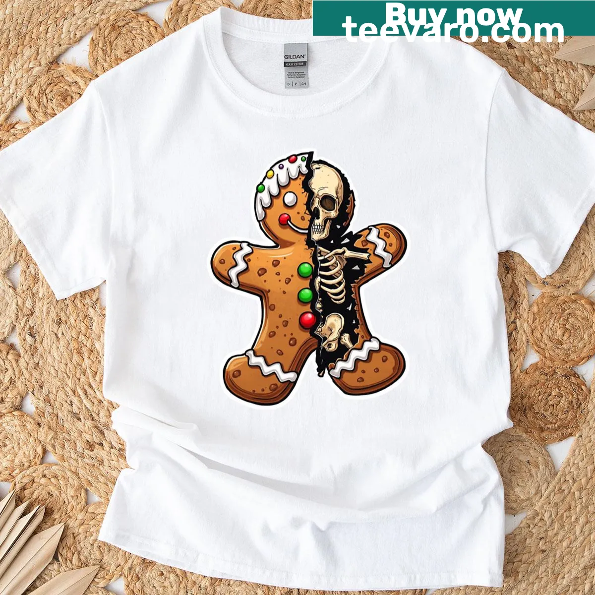 Oversized T-shirt featuring a cute gingerdead man with a skeleton inside — on a men's t-shirt