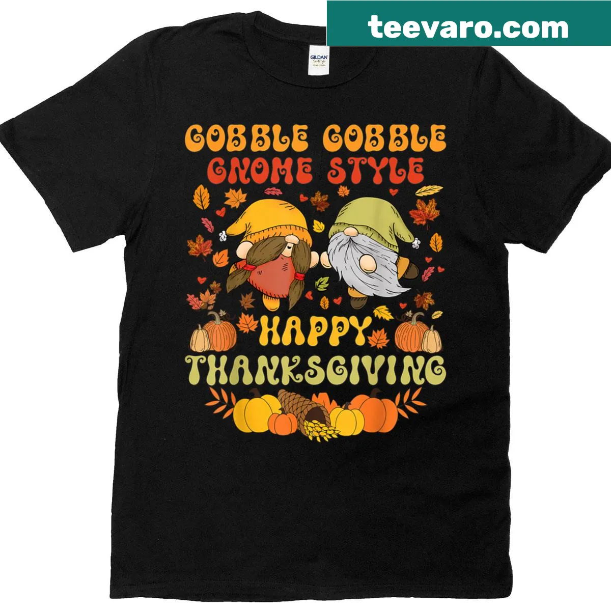 Thanksgiving T-shirt with gnome and 'Gobble Gobble' design — on a men's t-shirt