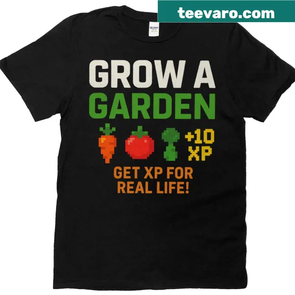 Playful gamer-themed t-shirt with gardening and gaming graphic