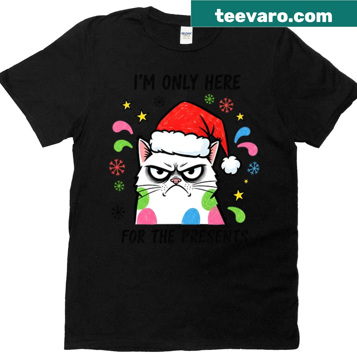 Funny t-shirt with a grumpy cat wearing a Santa hat — on a men's t-shirt