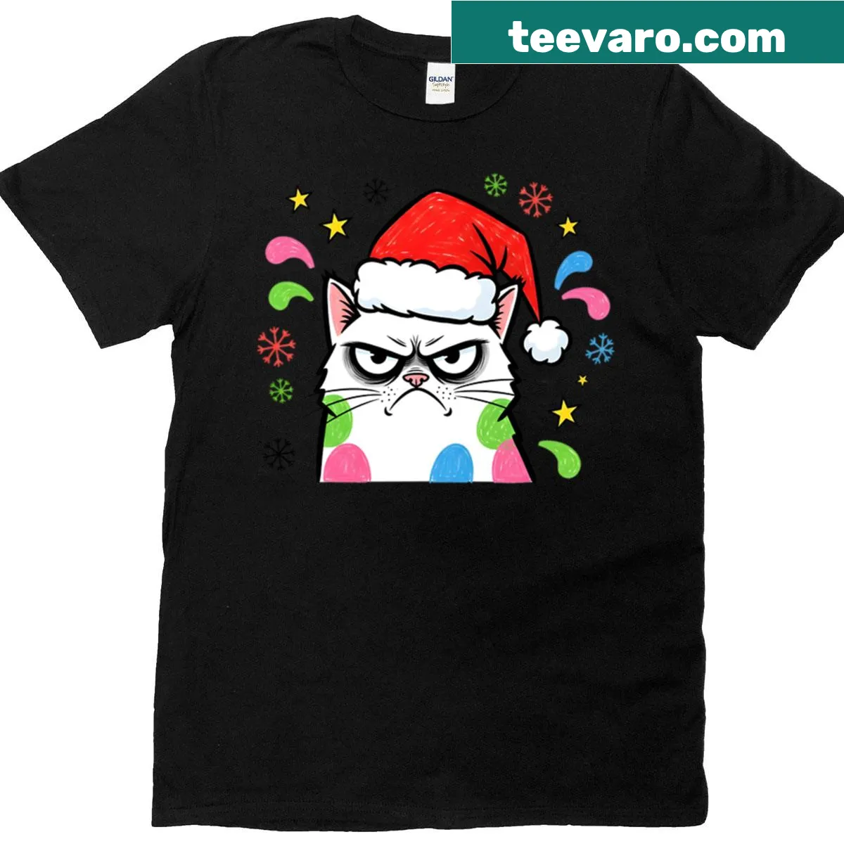 Grumpy cat wearing a Santa hat with festive text design — on a men's t-shirt