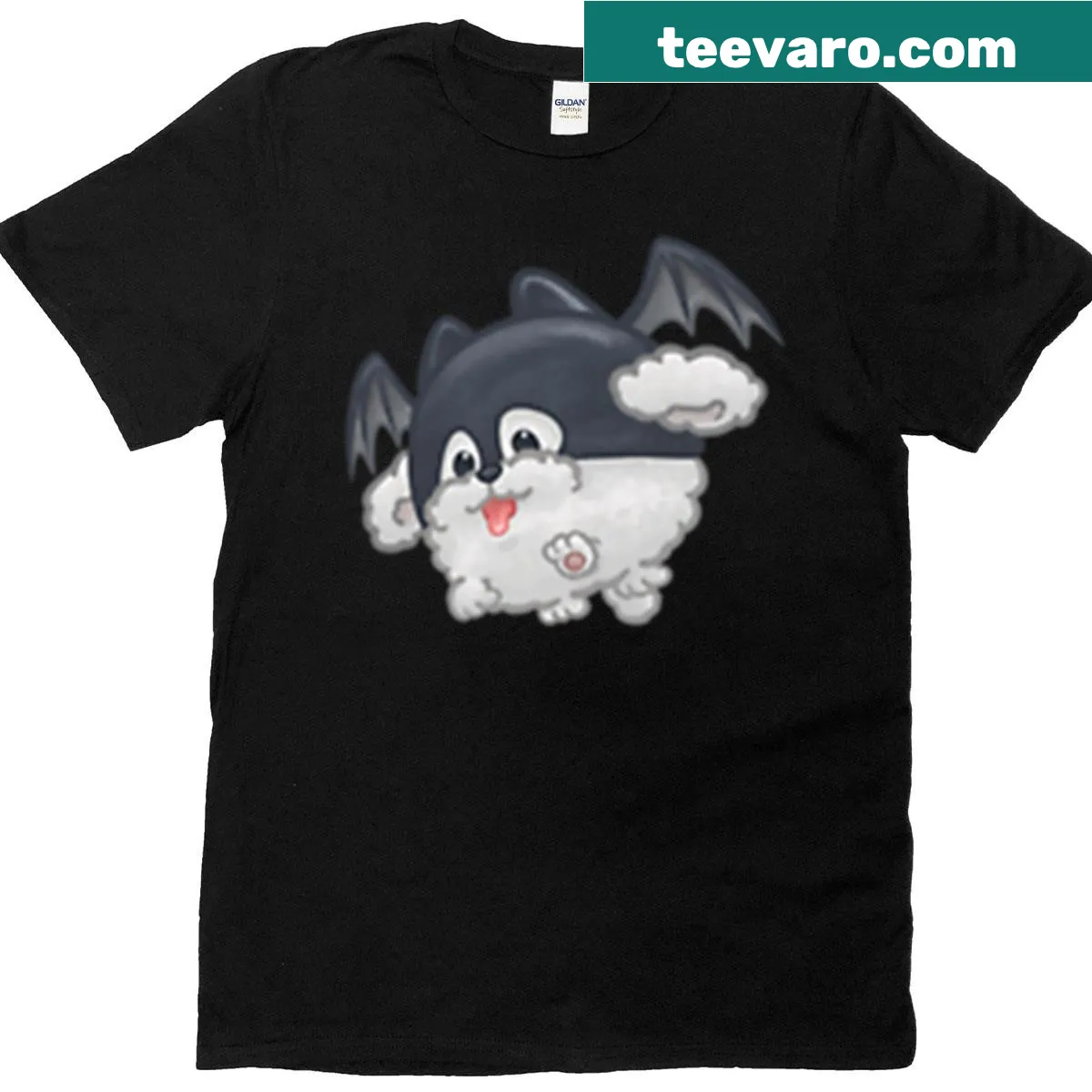 Halloween t-shirt with cartoon bat and poodle design — on a men's t-shirt