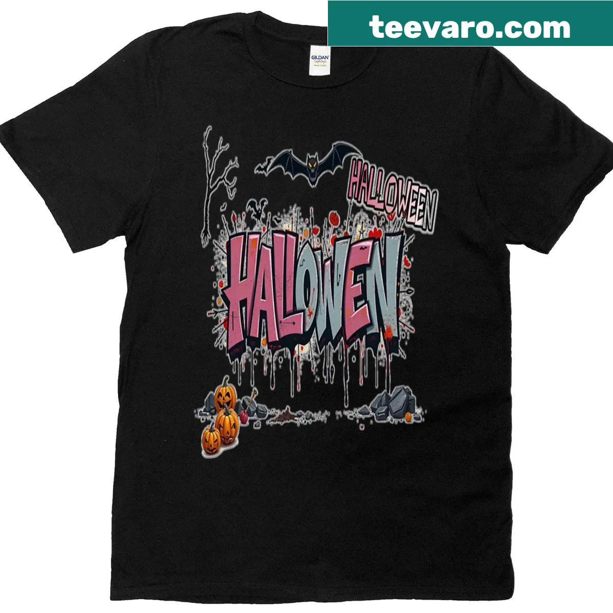 Halloween themed graffiti art anime T-shirt design — on a men's t-shirt