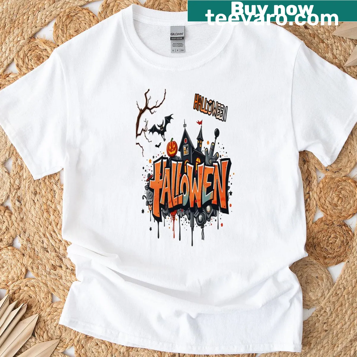 Graffiti-style Halloween shirt with playful hip hop designs — on a men's t-shirt